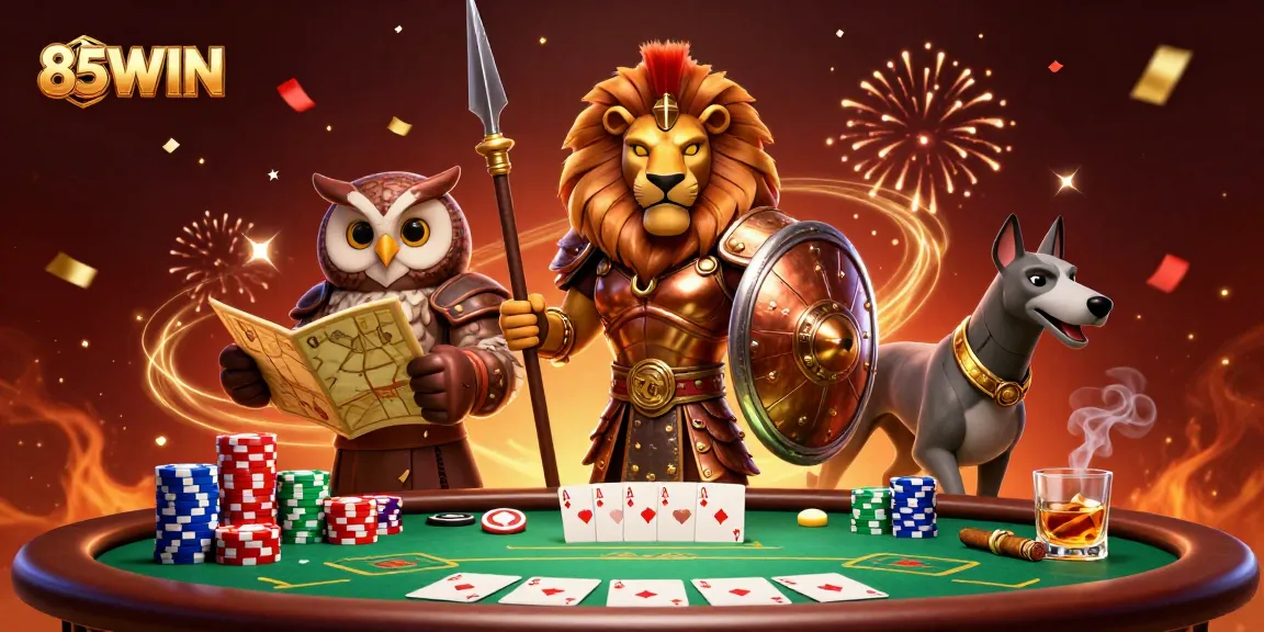 Experience the excitement of 85WIN with a 3D illustration of casino elements surrounding heroic characters.