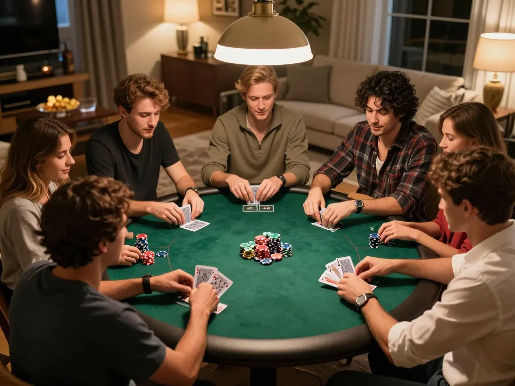 Friends enjoying a friendly poker night at home, showcasing s666 gameplay with vibrant chips and cards.