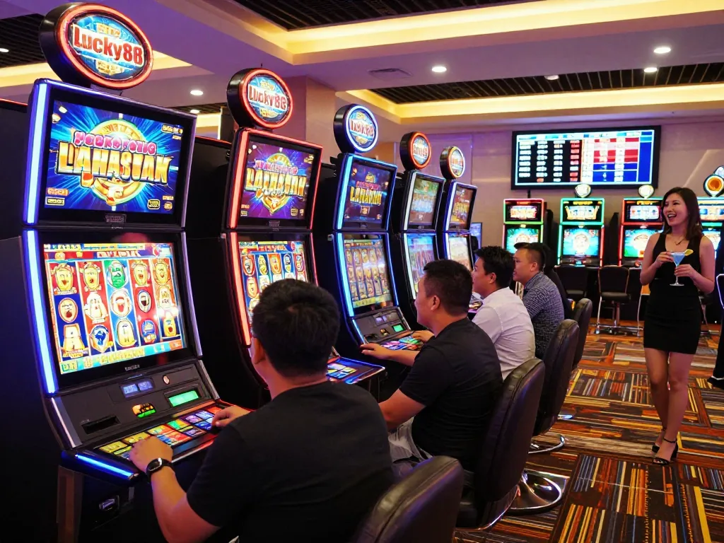 Lucky88 slot machine with players celebrating a jackpot win in a vibrant casino atmosphere, bright lights and excitement surrounding.