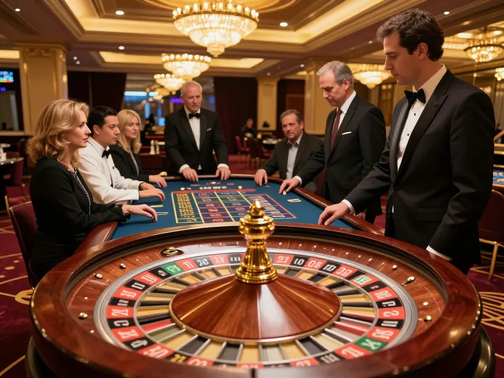 Exciting roulette gameplay at a luxurious casino featuring go 8, players engaged in betting and anticipation.