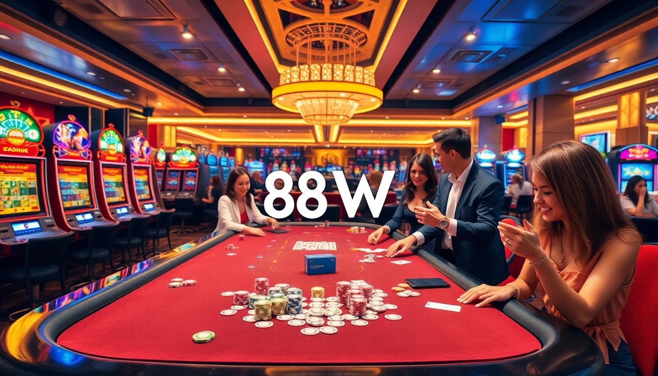 88VV players celebrating big wins at a luxurious casino with vibrant slot machines and elegant gaming tables.