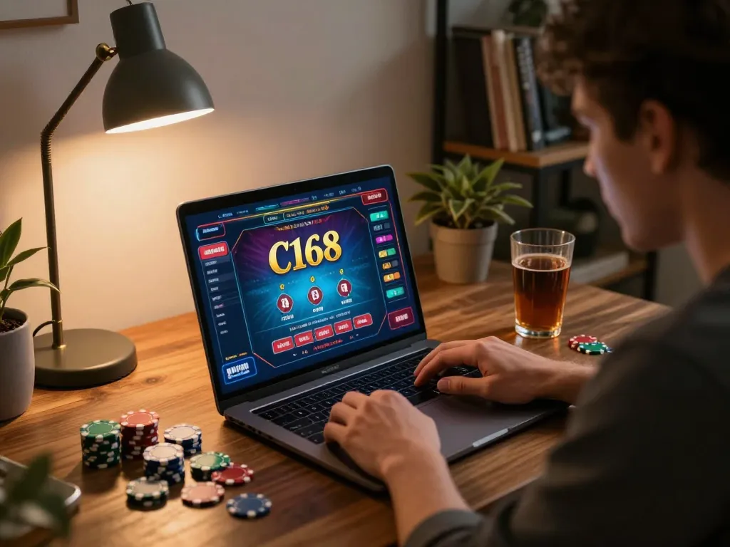 C168 online gaming session displaying vibrant casino interface with a focused player.