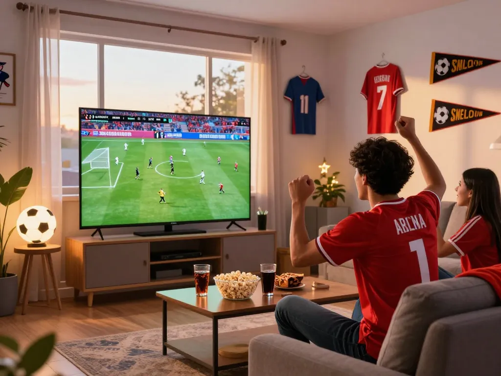 Cà Khịa TV live football match streaming scene with enthusiastic fan and snacks in cozy living room.