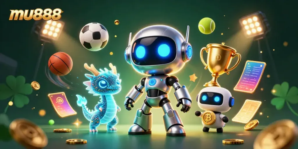 Engage in winning strategies with mu888's vibrant 3D gaming environment featuring robots, dragons, and sports elements.
