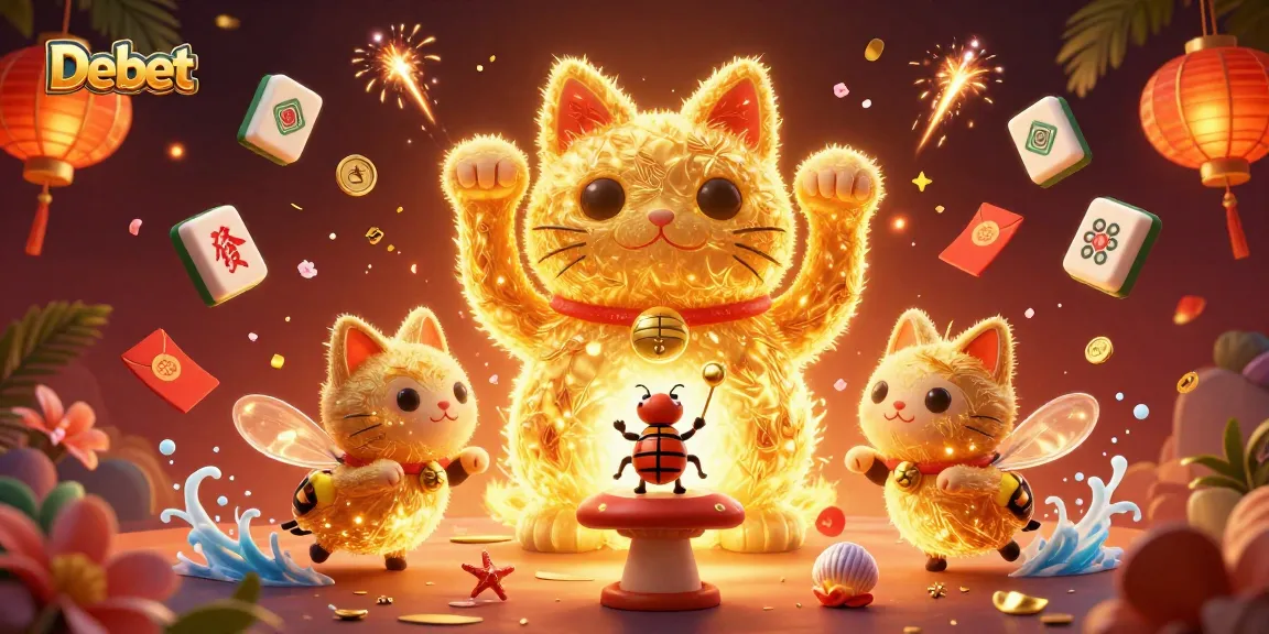 Experience casino magic with Debet's lucky cat in this vibrant, action-filled illustration.
