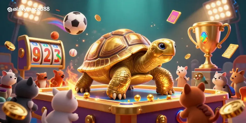 Engage with exciting games at galaxymacau88, featuring a golden tortoise pinball and vibrant casino elements.