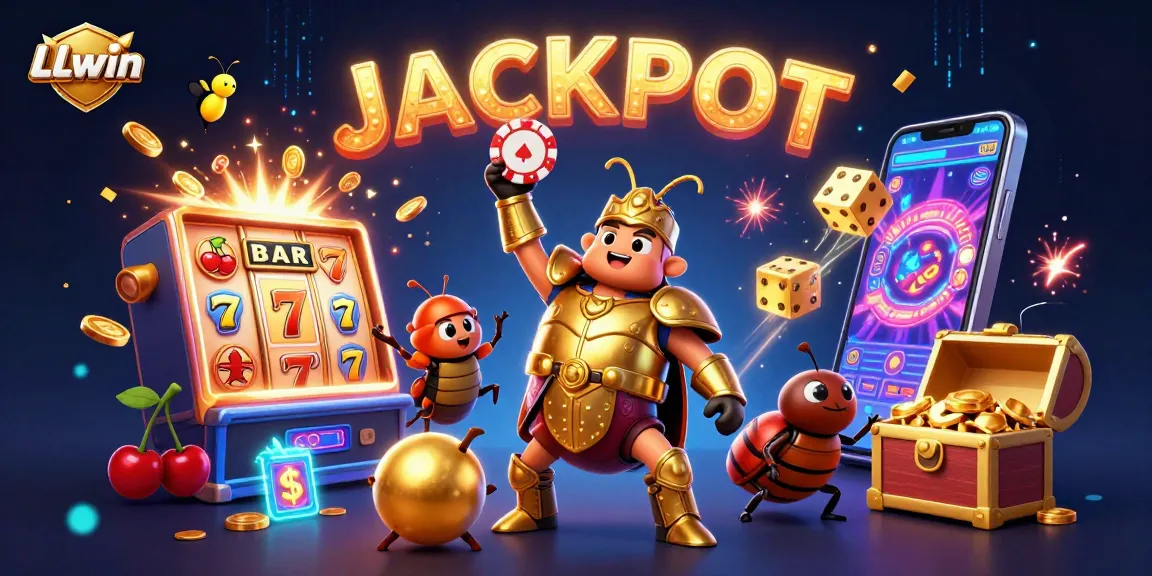 Experience thrilling wins with LLwin's vibrant 3D casino scene featuring a victorious beetle and jackpot explosion.