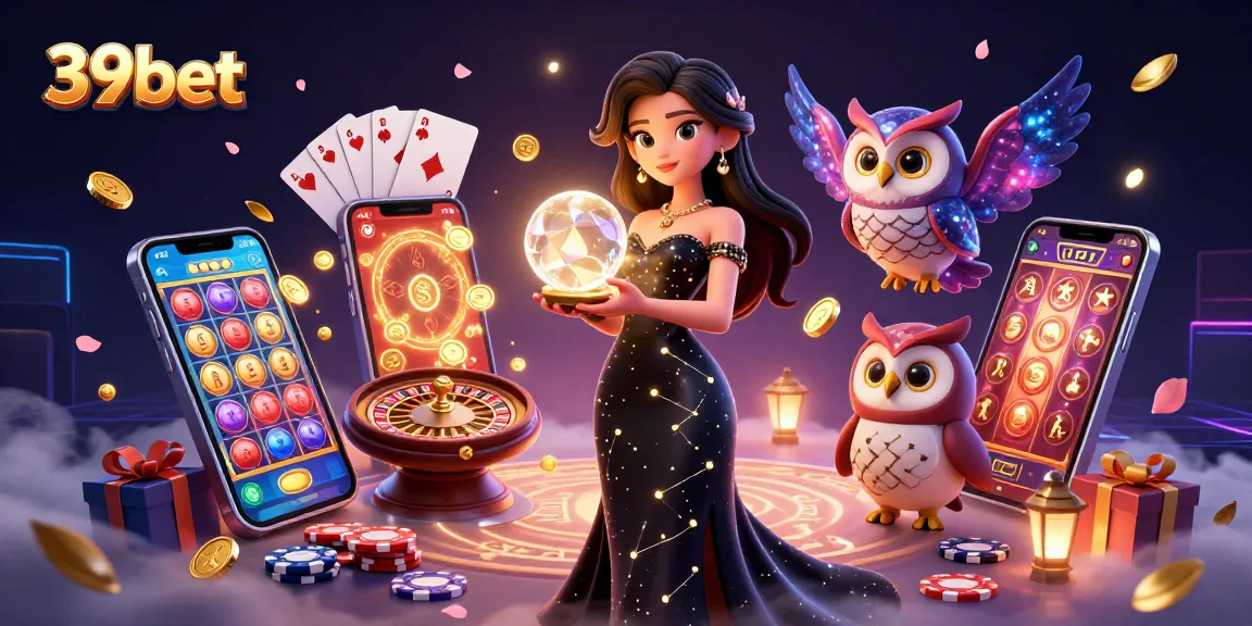 Experience the thrill of 39bet with a stunning illustration featuring a mystical woman and an owl amidst casino elements.