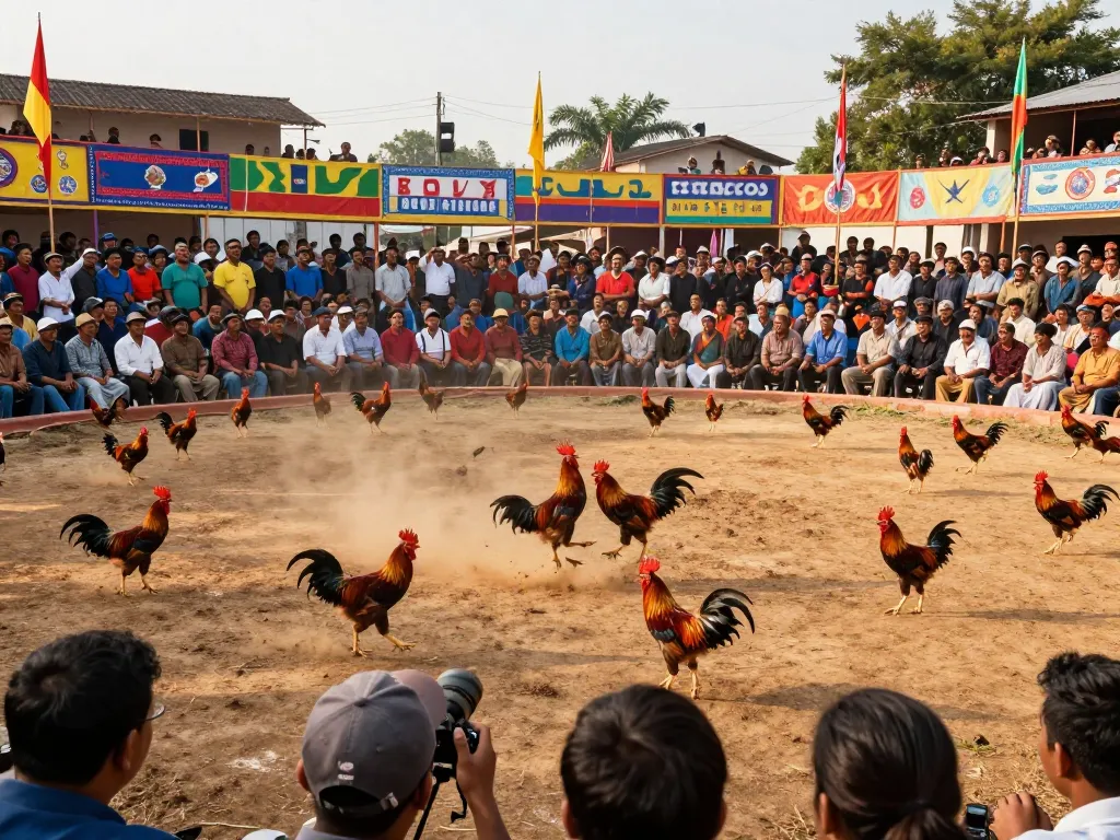 Experience trực tiếp đá gà with vivid moments from a thrilling cockfighting match in an outdoor arena.