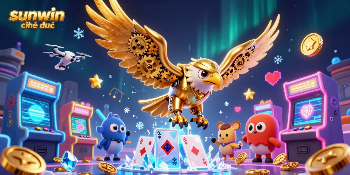 Experience thrilling gameplay at sunwin chính thức with a dazzling cybernetic eagle soaring through a vibrant casino scene.