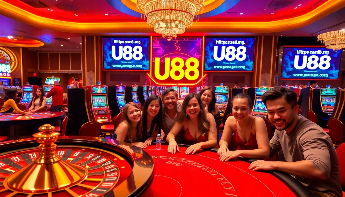 Excited players enjoying a vibrant gaming scene at https://u88.ae.org Casino with a roulette wheel and poker chips.