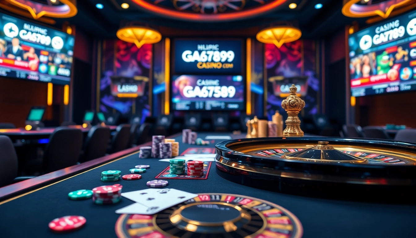 Experience thrilling gameplay action at https://ga6789.cn.com with vibrant poker chips and a roulette wheel.