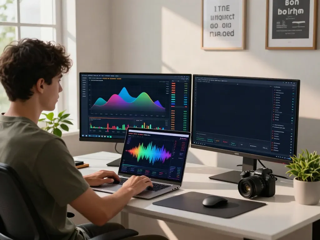 Engaging cryptocurrency trading workspace featuring quantumaiplatform.ca dashboard on two screens, creating a modern trading environment.
