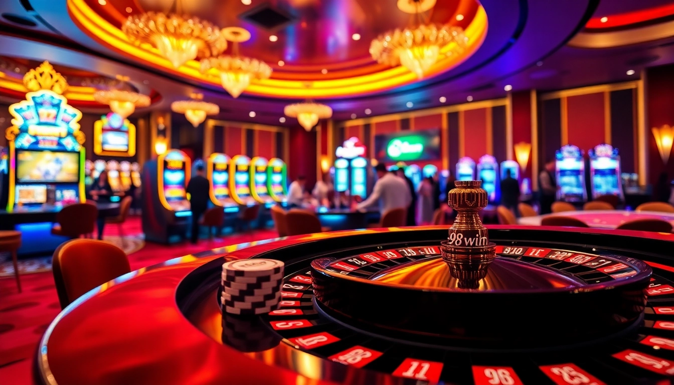 Experience the excitement of betting at the luxurious 98win casino with vibrant slot machines and poker tables.
