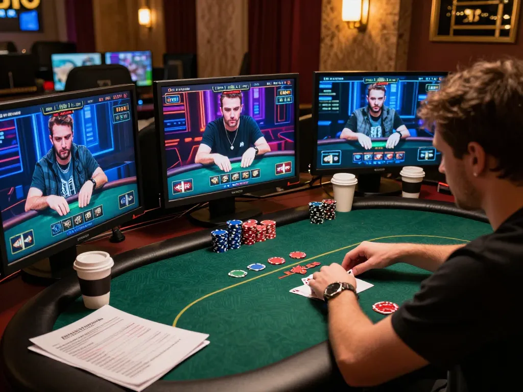 Engaged player strategizing their next move at nhà cái 33win online poker table, showcasing intense focus and professional atmosphere.