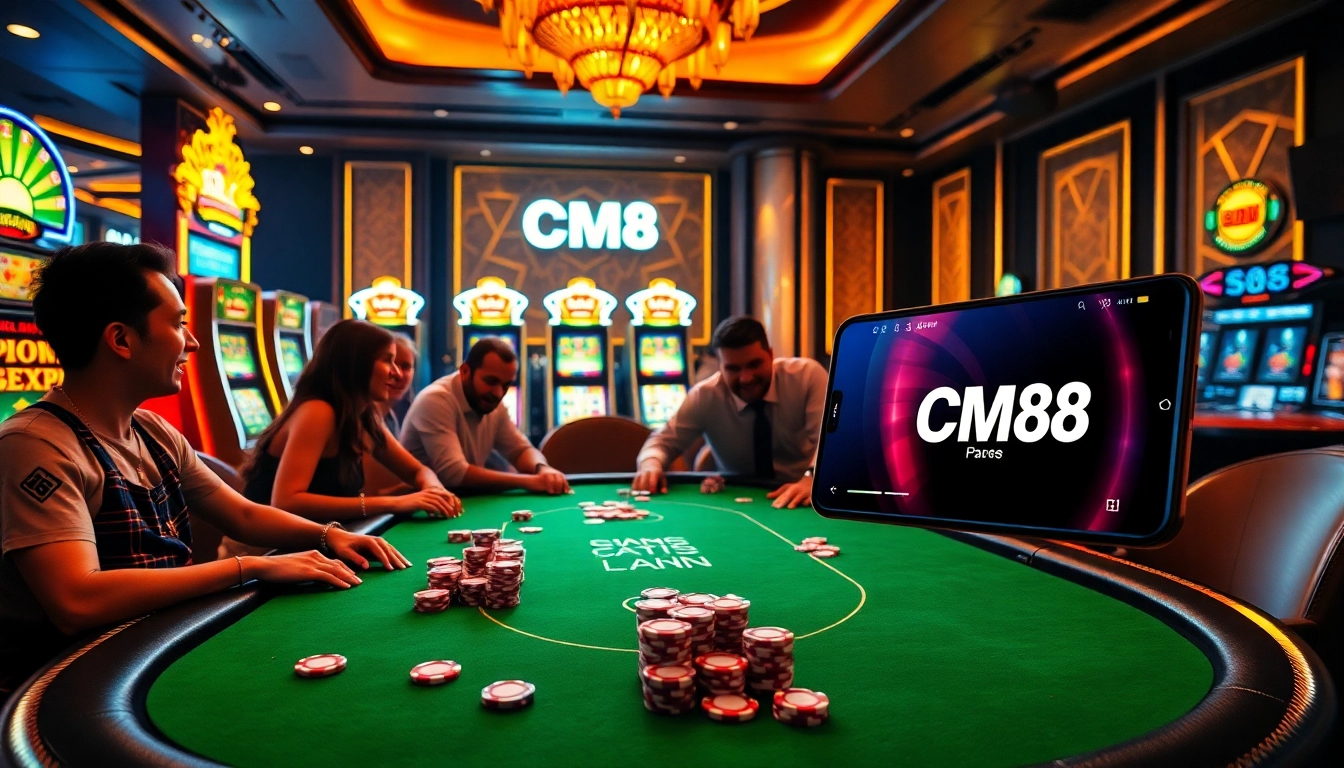Excited players enjoy poker at CM88 casino with vibrant chips and roulette wheel.