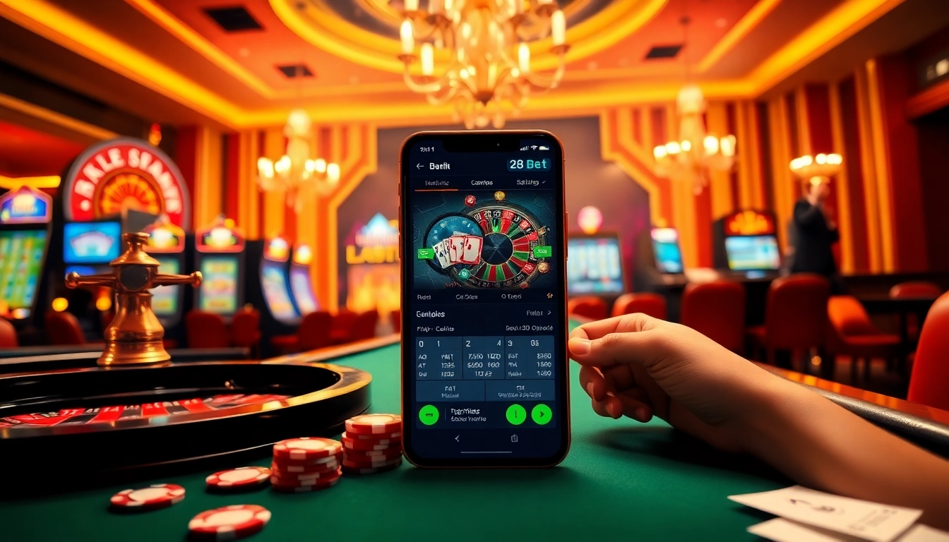 Experience the excitement of 28bet with luxurious casino tables and vibrant slot machines.