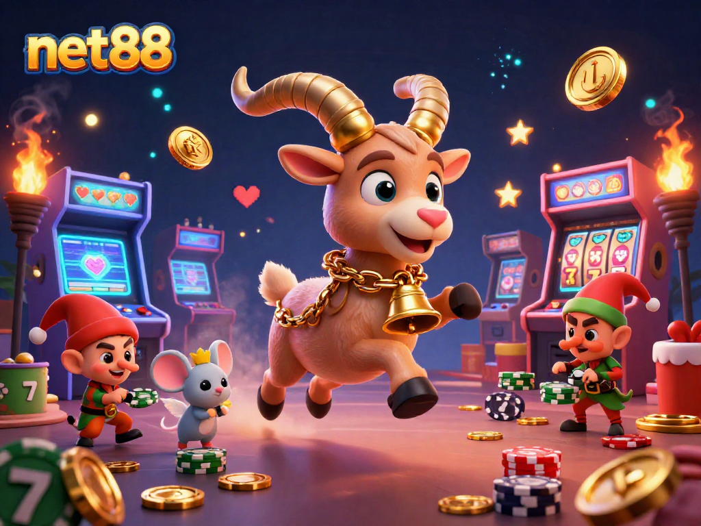 Visit the net88 casino featuring a festive Krampus goat with chance to win poker chips.