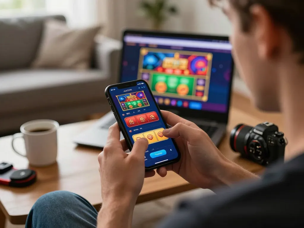 Sao789 mobile gaming experience showcased in a cozy home setting, person engaged with casino app.