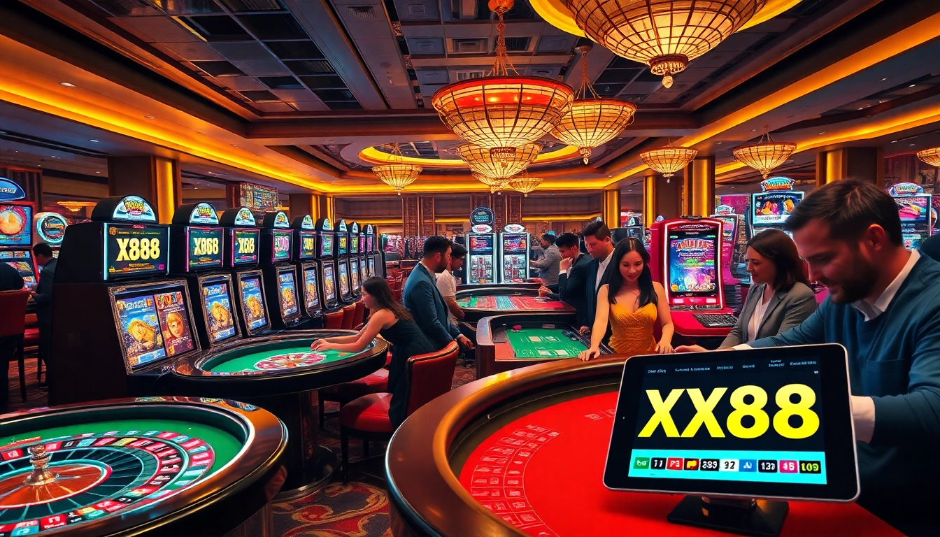 X88.COM showcases an exciting casino atmosphere with elegant tables, vibrant slot machines, and eager players.