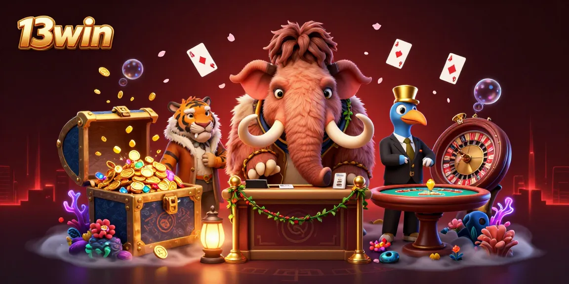 Engage with 13win's vibrant cartoon casino scene featuring whimsical characters and luxury gaming elements, encapsulating the thrill of gambling.