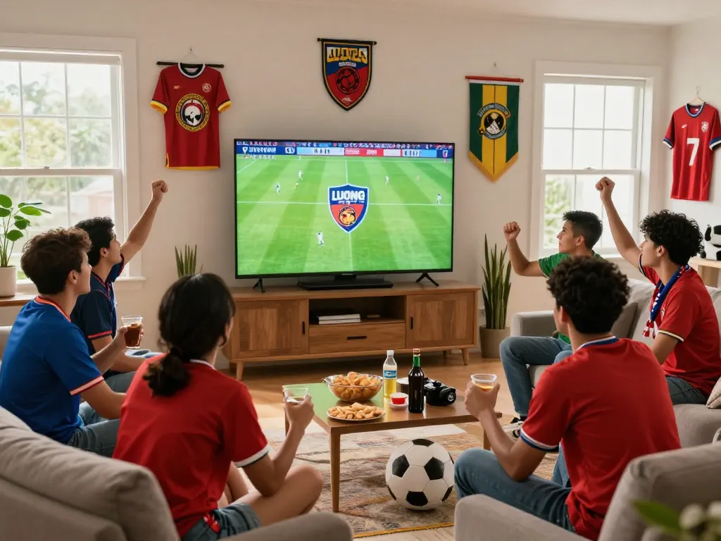 Football fans enjoying Luong Son TV live streaming in a lively living room.
