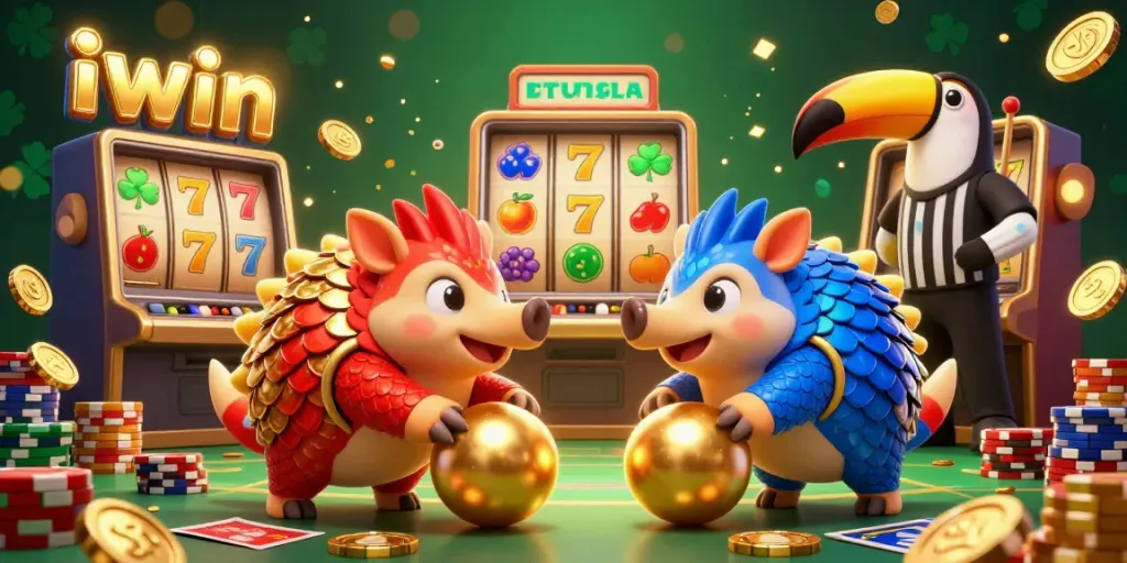 The vibrant iwin illustration with rival pangolins bowling through poker chips showcases dynamic casino excitement.