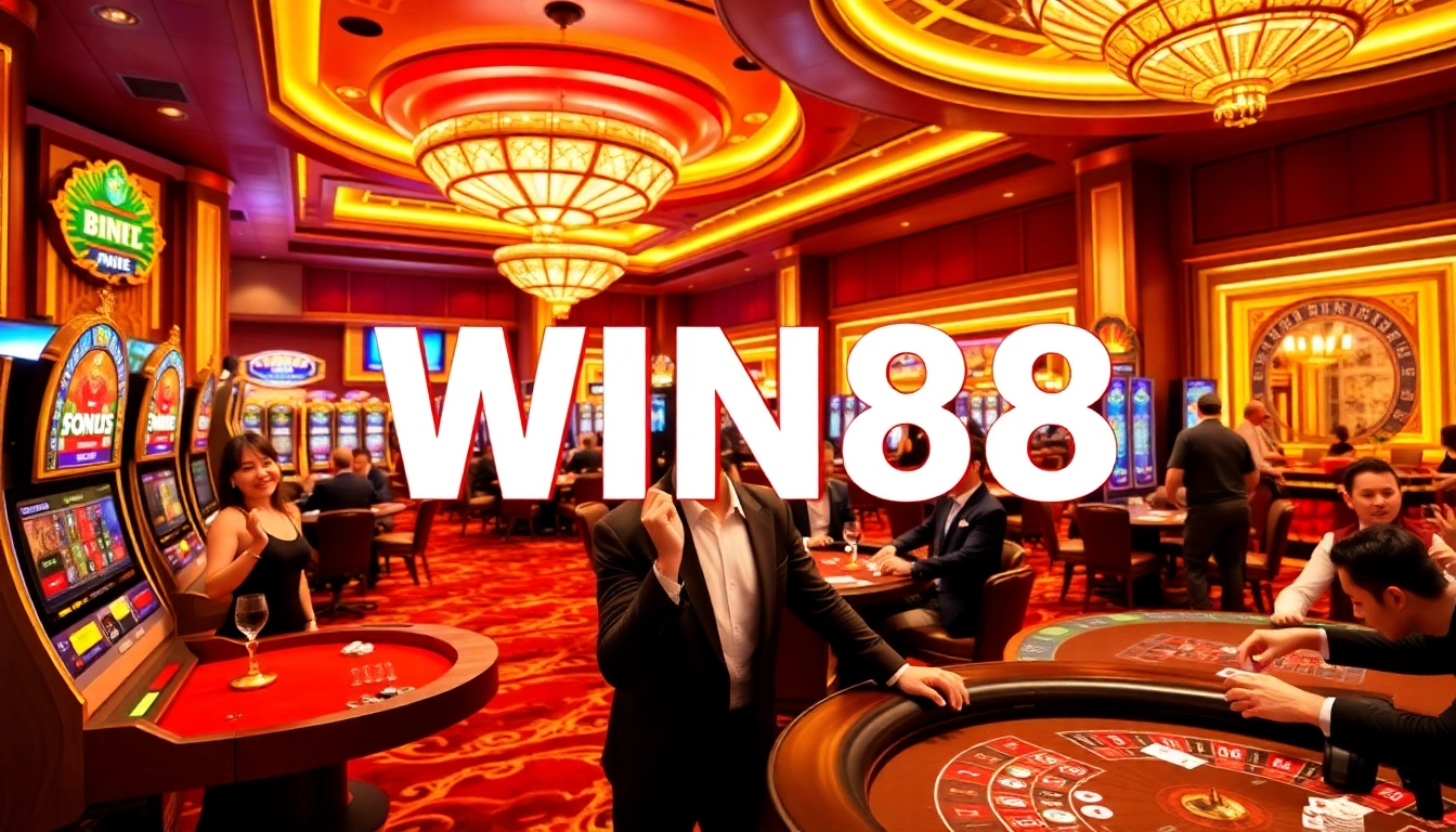 Exciting casino gaming at WIN88 featuring poker chips, roulette wheels, and slot machines.