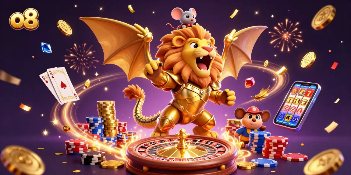 Engage in thrilling action with o8 as a golden chimera leads the gaming adventure, showered in coins and gems.