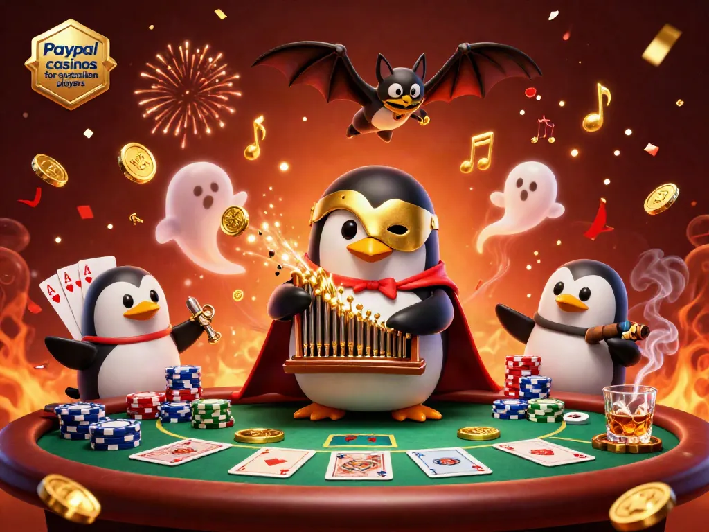 Exciting gameplay at paypal casinos for australian players illustrated with a penguin, bat acrobat, and poker elements.