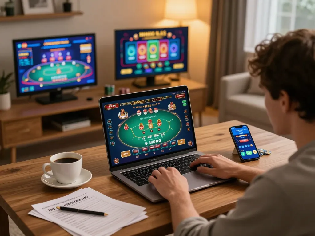 Player using MMOO app on laptop for online casino gaming, enjoying a cozy, strategic session.