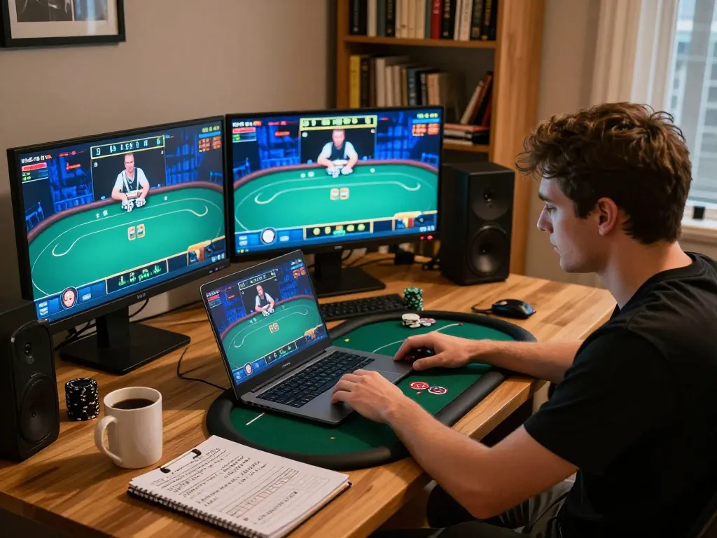 Player engaged in online poker strategies using a laptop while managing bankroll, showcasing the excitement of sc88.