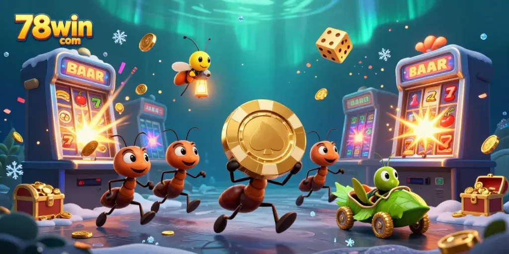 Experience thrilling wins with 78win com in an exhilarating scene of ants carrying a giant poker chip amidst colorful casino elements.