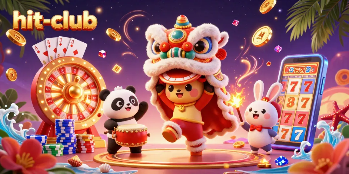 Experience excitement at hit-club with dynamic casino games, including a vibrant lion dance and golden coins.