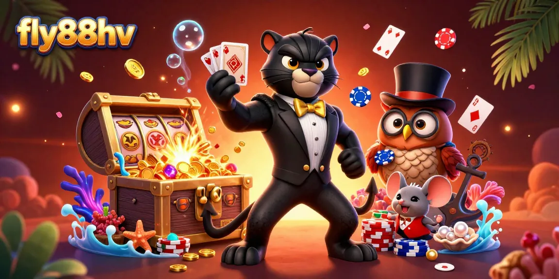 Engaging 3D illustration of fly88hv featuring a stylish panther dealer with cards, an owl with poker chips, and a mouse by gold coins.