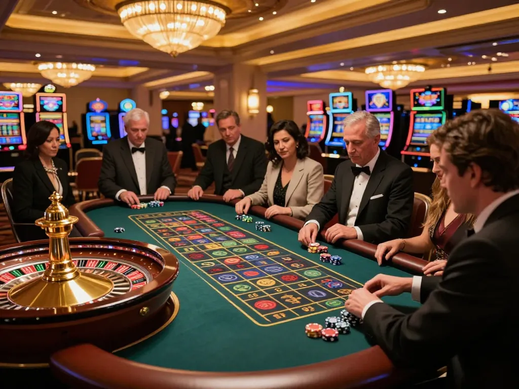 Players engaged at a roulette table in a luxury casino scene, capturing VK88 excitement and strategic betting.