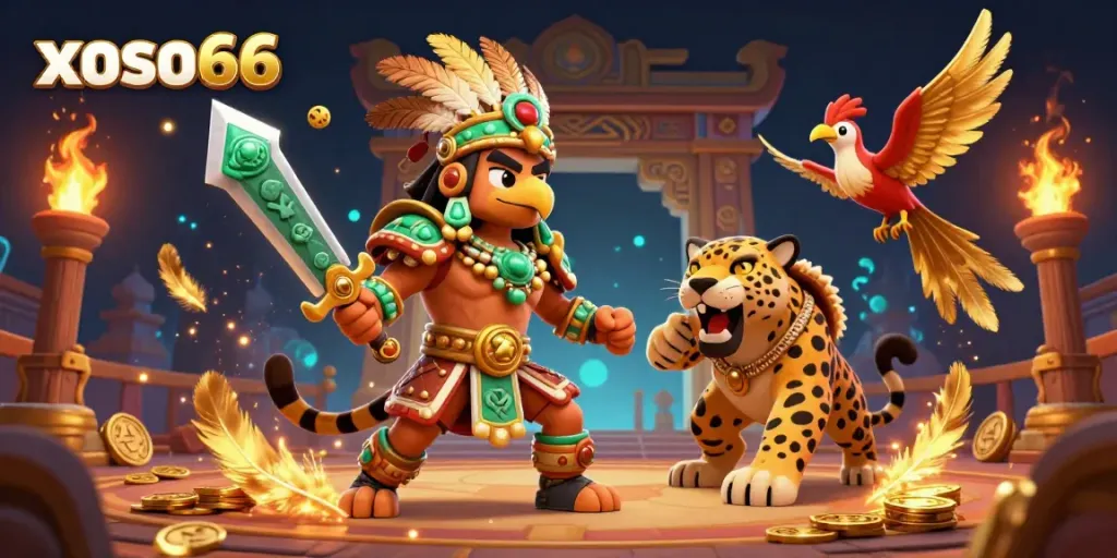 Experience thrilling gameplay with xoso66 as the Aztec warrior battles amid gold coins and betting tokens.