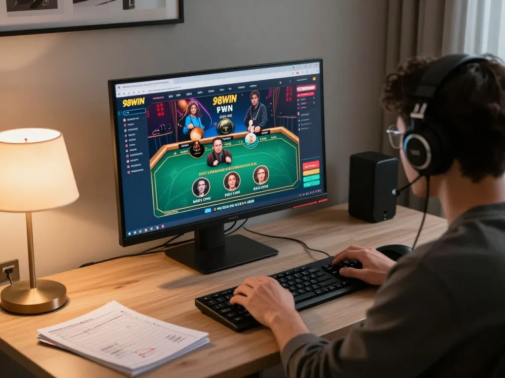 Engaged player using 98WIN online casino interface during an exciting live dealer game.