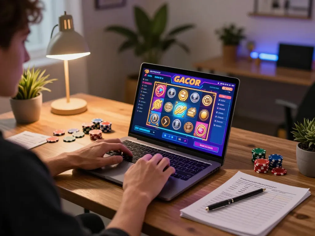 Engaged player enjoying slot gacor on laptop, showcasing strategic betting insights at home