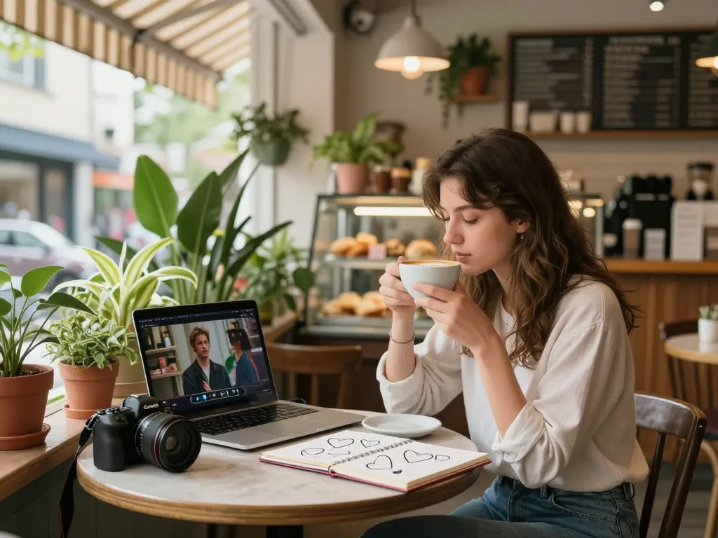 A young woman expressing her crush on someone while sketching in a cozy coffee shop.