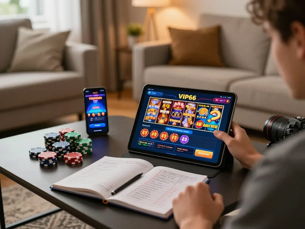 Engaging gameplay on the VIP66 app featuring colorful slots and strategic betting notes in a cozy home setting.