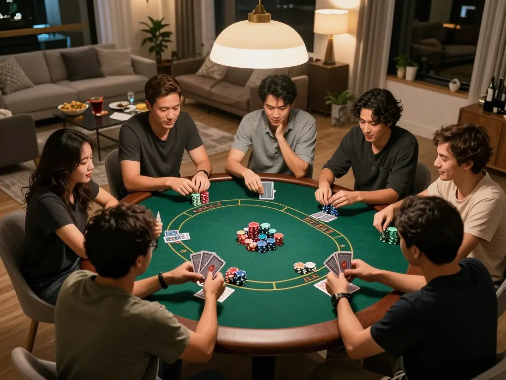 Casual home poker night with friends enjoying Texas Hold'em and gaming strategies, featuring keonhacai5 insights.