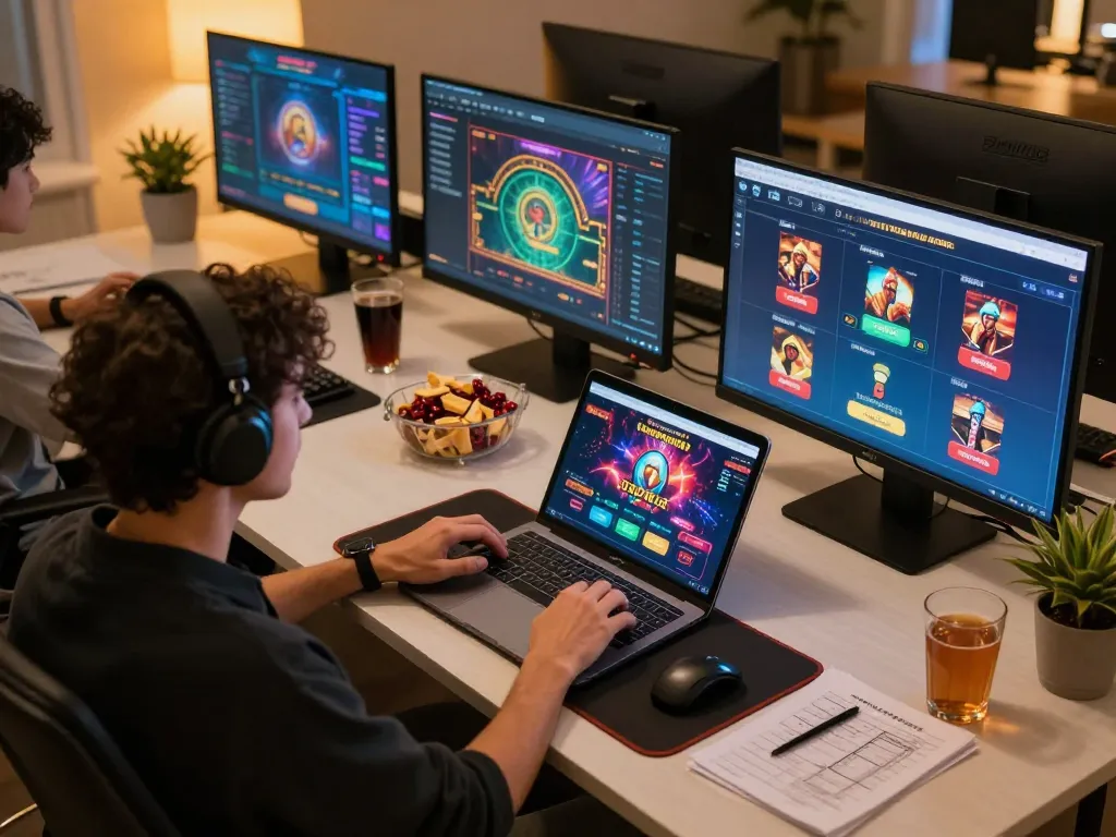 Engaging in online gaming with LINK MAX88 on a laptop, showcasing a lively home setup