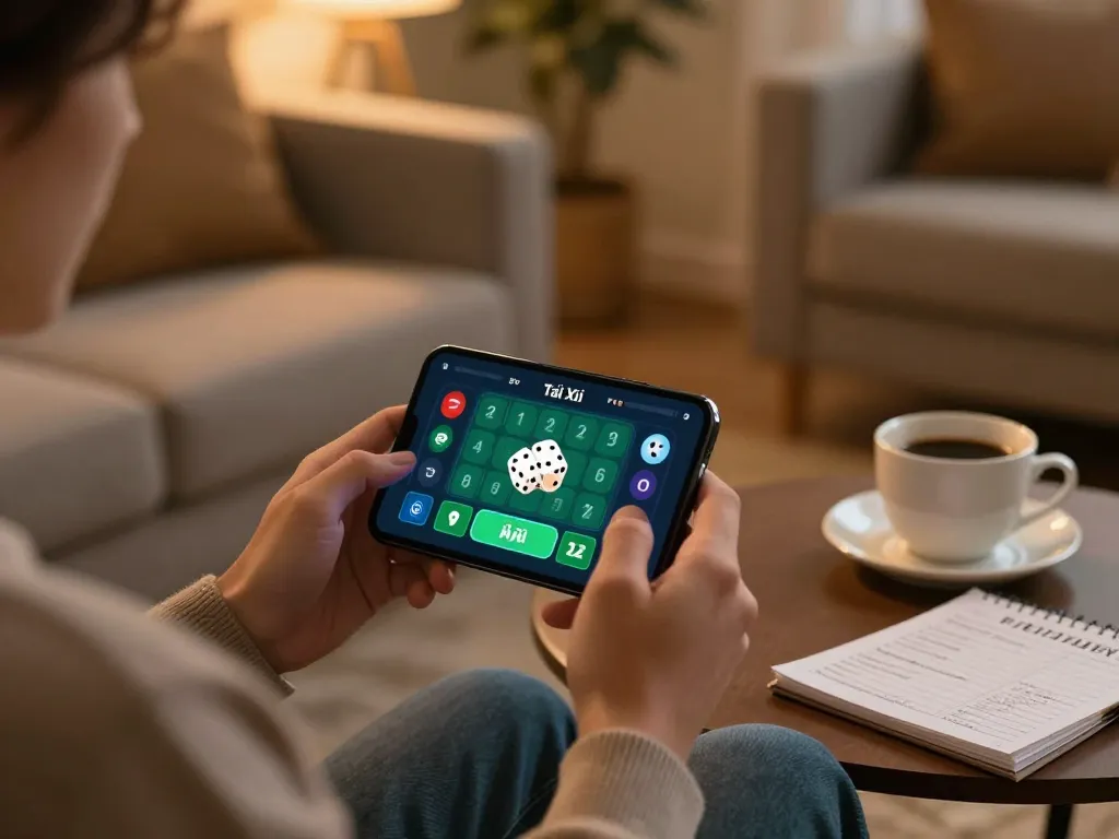 Tài Xỉu gameplay on mobile app with a focused player enjoying a comfortable home setting.