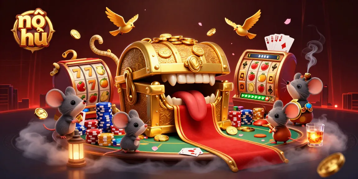 Engage in nổ hũ gameplay with vibrant treasures, slot reels, and high-energy casino elements.