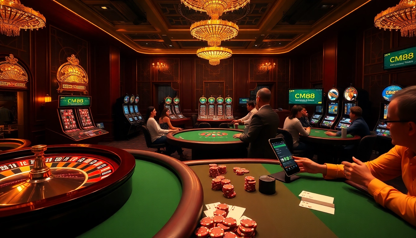Experience the thrill of gambling at CM88 with vibrant casino tables and excited players.