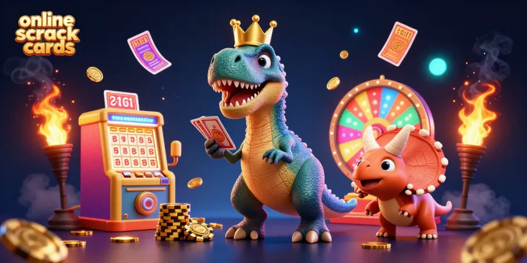 Engage in thrilling online scratch cards with a dynamic 3D T-Rex, pterodactyl, and triceratops.