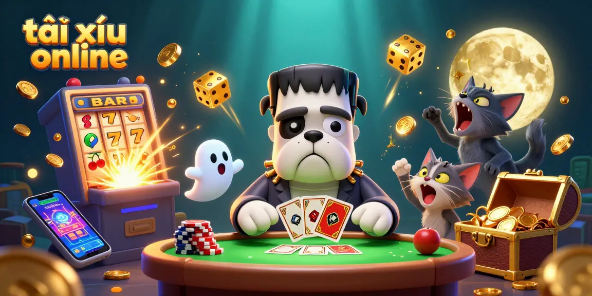 Experience thrilling gameplay with a cartoon Frankenstein bulldog in a vibrant tài xỉu online scene full of exciting casino elements.