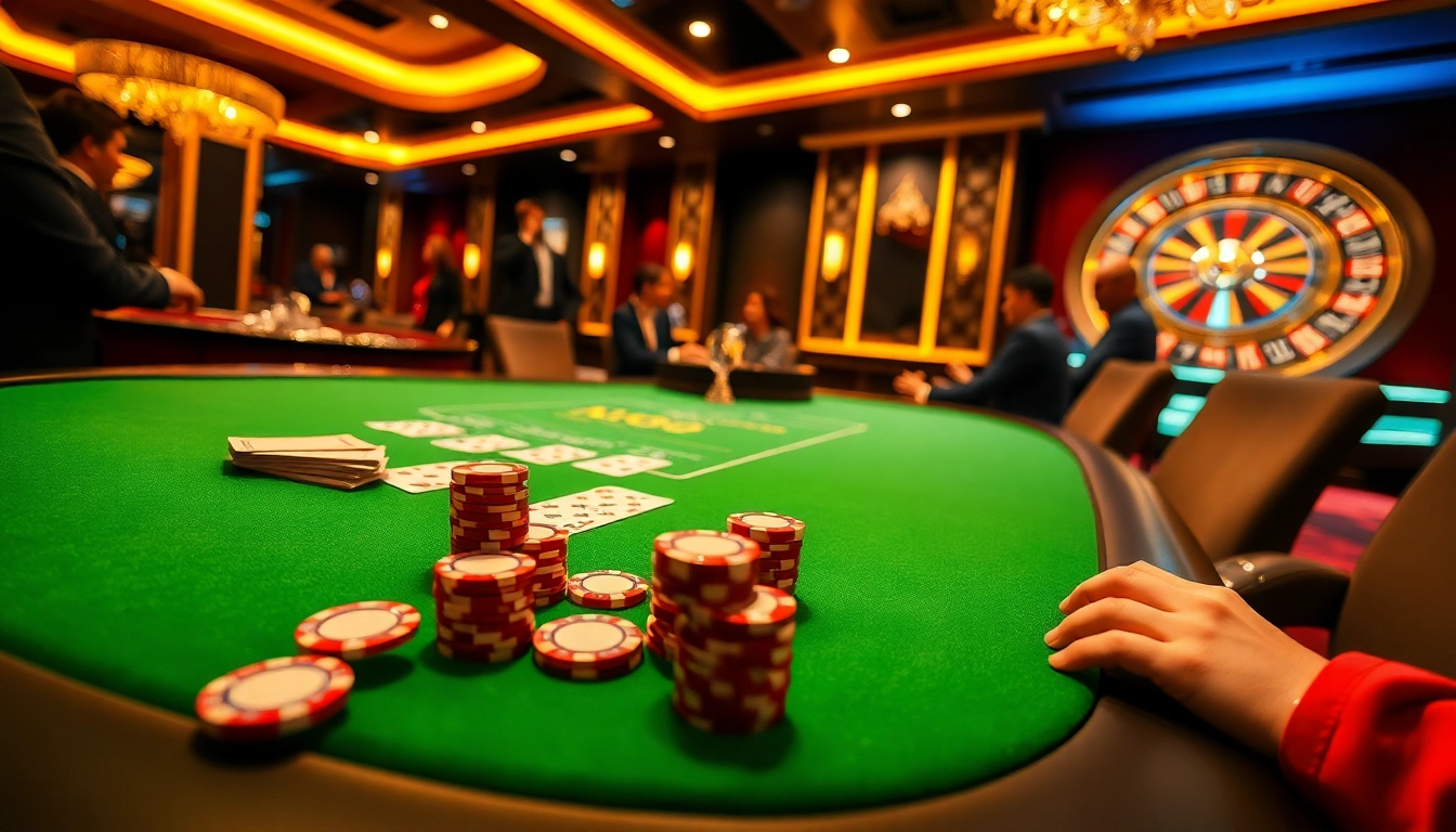 Experience thrilling gameplay at NK88 casino with a vibrant poker table and excited players.