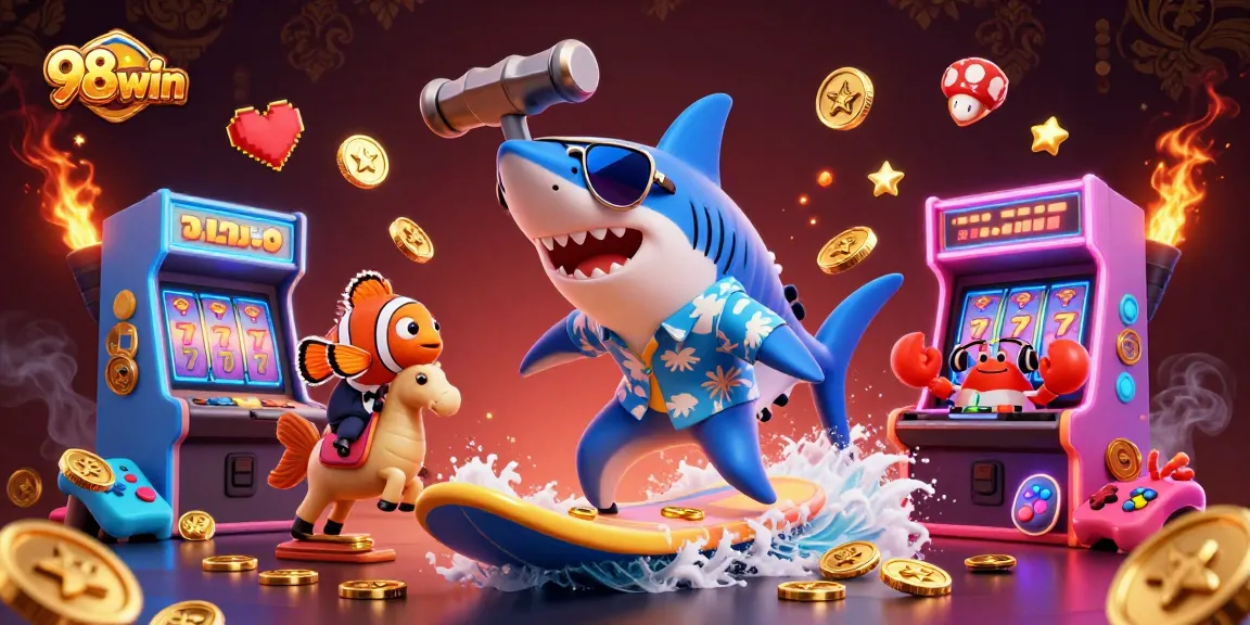 Experience the thrill of 98win as the shark surfs gold coins amidst colorful casino elements.
